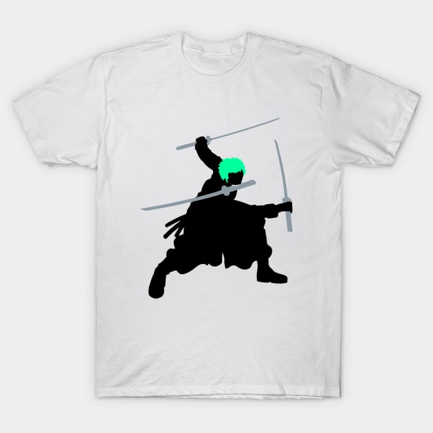 Zoro Triple Swords Green Hair Silhouette T-Shirt by AnotherOne